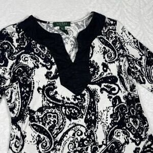 Ralph Lauren Black and White Paisley Print V-Neck Top Women's M Petite Cotton